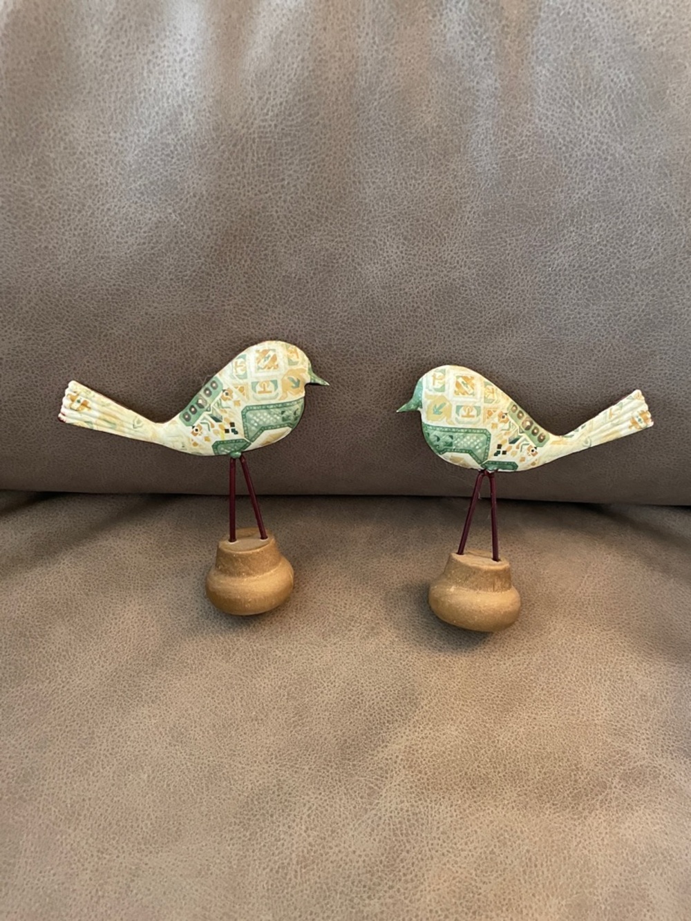 Set of Two Decorative Patterned Bird Figurines - Green & Cream